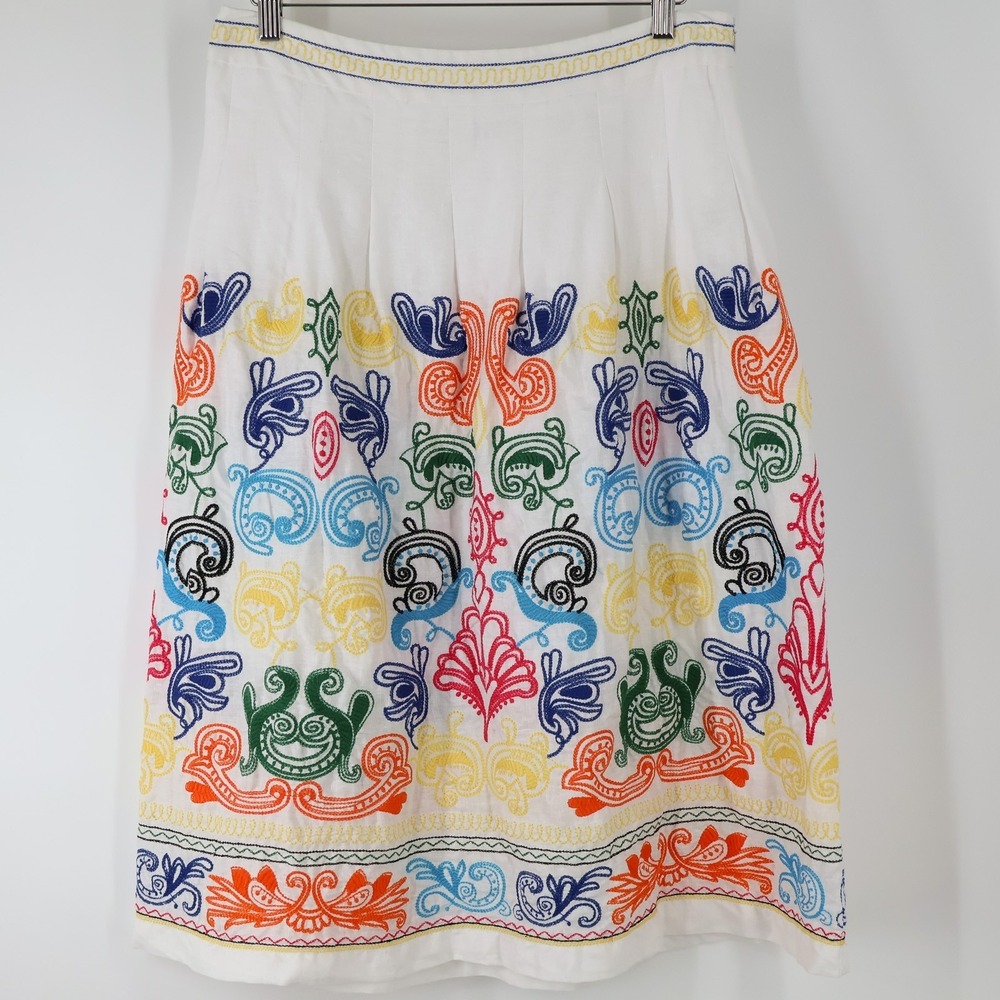 Neiman Marcus‎ Embroidered Skirt Sz 10 White Boho Midi 100% Linen Lined